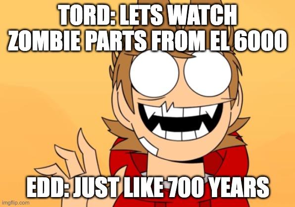 help me | TORD: LETS WATCH ZOMBIE PARTS FROM EL 6000; EDD: JUST LIKE 700 YEARS | image tagged in funny memes | made w/ Imgflip meme maker