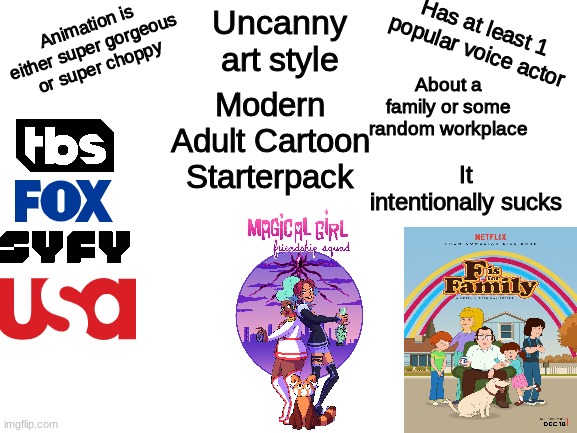 Modern Adult Cartoons Starterpack |  Uncanny art style; Animation is either super gorgeous or super choppy; Has at least 1 popular voice actor; About a family or some random workplace; Modern Adult Cartoon Starterpack; It intentionally sucks | image tagged in starter pack,f is for family,magical girl friendship squad,fox,adult humor,uncanny valley | made w/ Imgflip meme maker