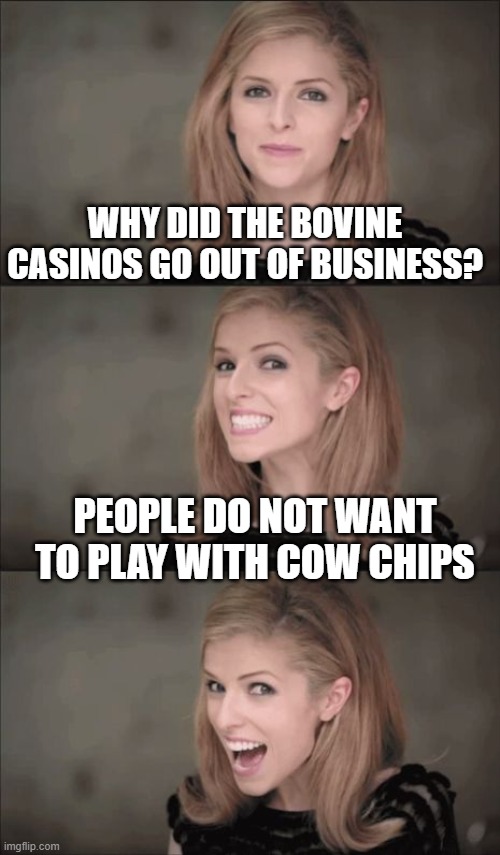 Bad Pun Anna Kendrick | WHY DID THE BOVINE CASINOS GO OUT OF BUSINESS? PEOPLE DO NOT WANT TO PLAY WITH COW CHIPS | image tagged in memes,bad pun anna kendrick | made w/ Imgflip meme maker
