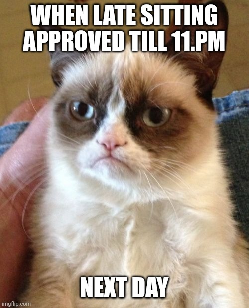 Grumpy Cat | WHEN LATE SITTING APPROVED TILL 11.PM; NEXT DAY | image tagged in memes,grumpy cat | made w/ Imgflip meme maker