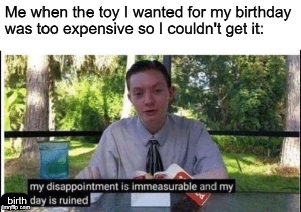Me right now (not my birthday yet but....) | Me when the toy I wanted for my birthday was too expensive so I couldn't get it:; birth | image tagged in my dissapointment is immeasurable and my day is ruined | made w/ Imgflip meme maker