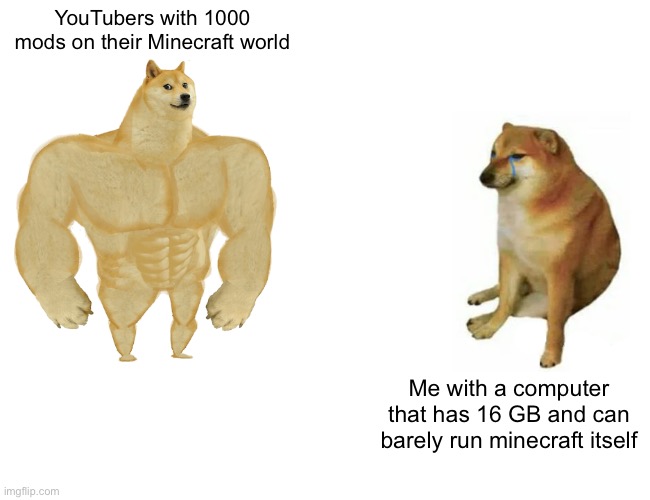 Buff Doge vs. Cheems | YouTubers with 1000 mods on their Minecraft world; Me with a computer that has 16 GB and can barely run minecraft itself | image tagged in memes,buff doge vs cheems | made w/ Imgflip meme maker