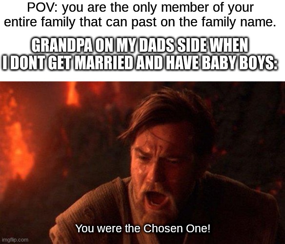 instead of my grandpa saying how tall i got at reunions he reminds me to get married and have boys | POV: you are the only member of your entire family that can past on the family name. GRANDPA ON MY DADS SIDE WHEN I DONT GET MARRIED AND HAVE BABY BOYS:; You were the Chosen One! | image tagged in memes,you were the chosen one star wars,grandpa,family,last name | made w/ Imgflip meme maker