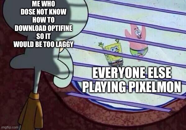 Squidward window | ME WHO DOSE NOT KNOW HOW TO DOWNLOAD OPTIFINE SO IT WOULD BE TOO LAGGY; EVERYONE ELSE PLAYING PIXELMON | image tagged in squidward window | made w/ Imgflip meme maker