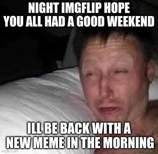 night | NIGHT IMGFLIP HOPE YOU ALL HAD A GOOD WEEKEND; ILL BE BACK WITH A  NEW MEME IN THE MORNING | image tagged in sleepy guy | made w/ Imgflip meme maker