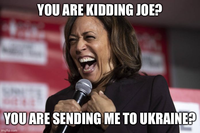 Kamala laughing | YOU ARE KIDDING JOE? YOU ARE SENDING ME TO UKRAINE? | image tagged in kamala laughing | made w/ Imgflip meme maker