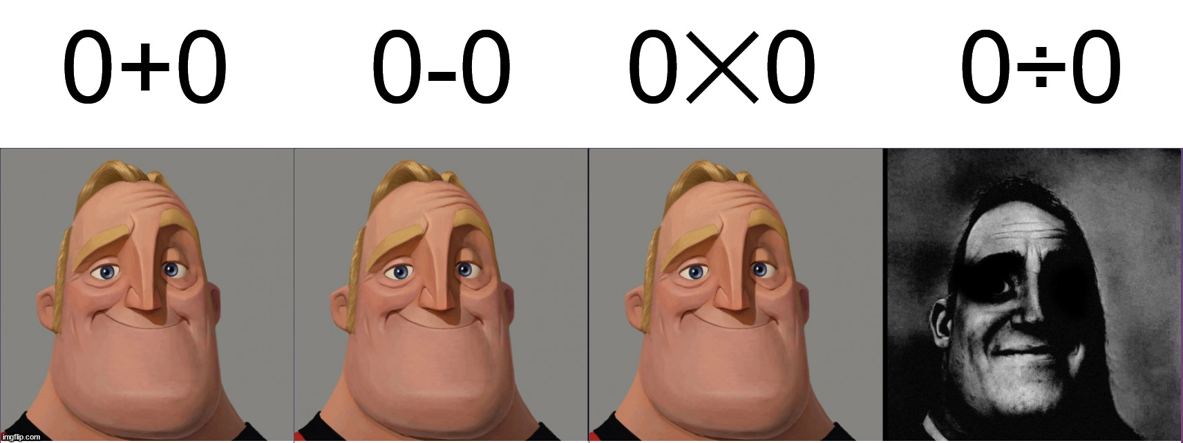 Mathematics fact | 0+0     0-0    0✕0     0÷0 | image tagged in mr incredible those who know,math,0/0 | made w/ Imgflip meme maker