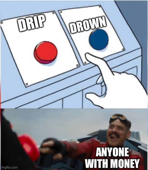 Robotnik Pressing Red Button | DRIP DROWN ANYONE WITH MONEY | image tagged in robotnik pressing red button | made w/ Imgflip meme maker