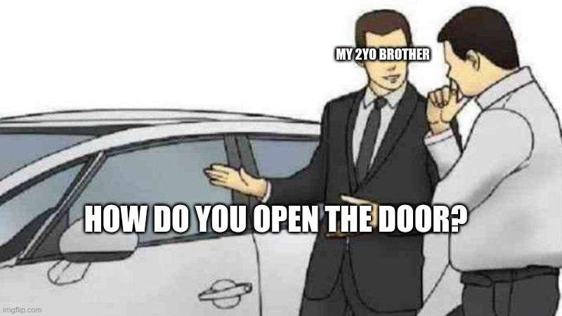 *facepalms* | MY 2YO BROTHER; HOW DO YOU OPEN THE DOOR? | image tagged in memes,car salesman slaps roof of car | made w/ Imgflip meme maker