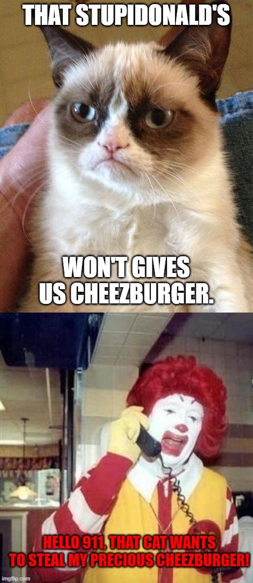 THAT STUPIDONALD'S WON'T GIVES US CHEEZBURGER. HELLO 911, THAT CAT WANTS TO STEAL MY PRECIOUS CHEEZBURGER! | image tagged in memes,grumpy cat,ronald mcdonald temp | made w/ Imgflip meme maker