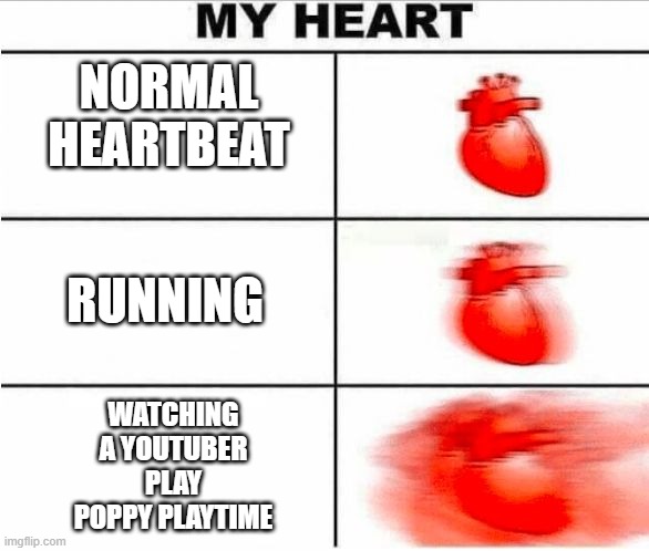 oh yes. i watched someone play today, it was so intense | NORMAL
HEARTBEAT; RUNNING; WATCHING
A YOUTUBER
PLAY
POPPY PLAYTIME | image tagged in heartbeat | made w/ Imgflip meme maker