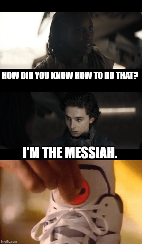 Dune Messiah | HOW DID YOU KNOW HOW TO DO THAT? I'M THE MESSIAH. | image tagged in dune,messiah | made w/ Imgflip meme maker