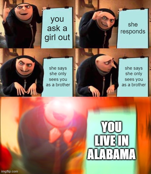 you ask a girl out; she responds; she says she only sees you as a brother; she says she only sees you as a brother; YOU LIVE IN ALABAMA | image tagged in memes,gru's plan | made w/ Imgflip meme maker