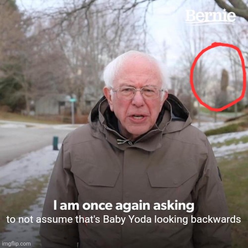 Bernie I Am Once Again Asking For Your Support | to not assume that's Baby Yoda looking backwards | image tagged in memes,bernie i am once again asking for your support | made w/ Imgflip meme maker