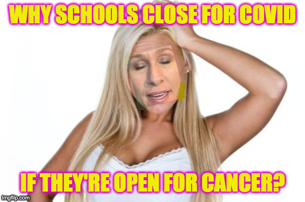 It's just one of those things, Marjorie. | WHY SCHOOLS CLOSE FOR COVID; IF THEY'RE OPEN FOR CANCER? | image tagged in memes,dumb blonde,marjorie taylor greene,covid,dumb and dumber,just one of those things | made w/ Imgflip meme maker