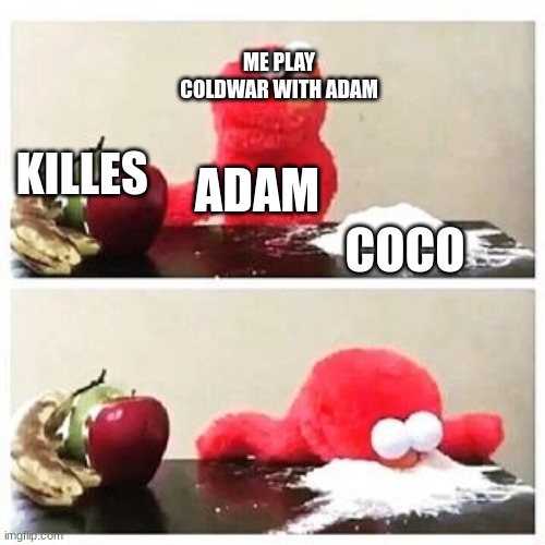 true | ME PLAY COLDWAR WITH ADAM; KILLES; ADAM; COCO | image tagged in elmo cocaine | made w/ Imgflip meme maker