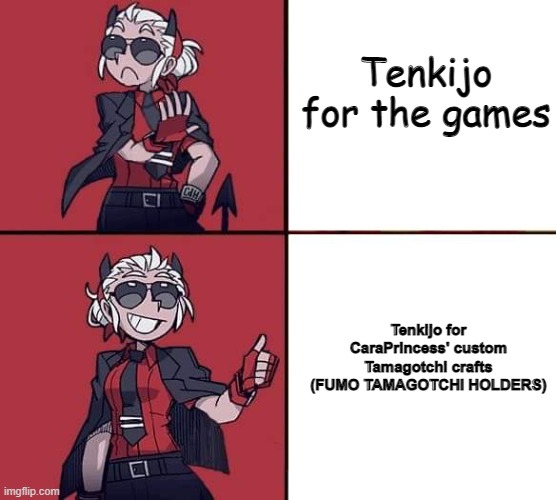 TENKIJO FUMO MERCHANDISE!?!? | Tenkijo for the games; Tenkijo for CaraPrincess' custom Tamagotchi crafts (FUMO TAMAGOTCHI HOLDERS) | image tagged in helltaker justice template,helltaker,fumo,touhou,video games,animeme | made w/ Imgflip meme maker