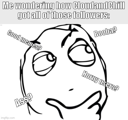 I literally make equally good memes, I guess it’s my shitty art | Me wondering how CloudandChill got all of those followers:; Booba? Good memes? Horny users? Ass? | image tagged in y tho | made w/ Imgflip meme maker