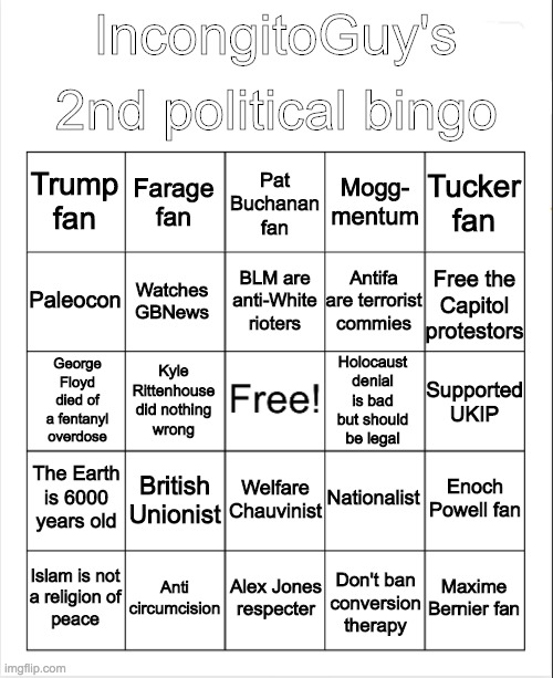 I decided to do a sequel | 2nd political bingo; IncongitoGuy's; Pat Buchanan fan; Farage fan; Tucker fan; Trump fan; Mogg-
mentum; BLM are anti-White rioters; Paleocon; Free the Capitol protestors; Antifa are terrorist commies; Watches GBNews; George Floyd died of
a fentanyl overdose; Holocaust denial is bad but should be legal; Supported UKIP; Kyle Rittenhouse did nothing
wrong; The Earth is 6000 years old; British Unionist; Welfare Chauvinist; Enoch Powell fan; Nationalist; Anti
circumcision; Islam is not
a religion of
peace; Maxime Bernier fan; Alex Jones respecter; Don't ban
conversion therapy | image tagged in blank bingo | made w/ Imgflip meme maker
