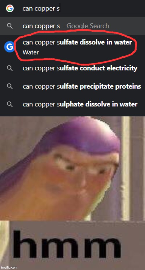 Can copper sulfate dissolve in water? Water. | image tagged in memes,buzz lightyear hmm,water,confused,science | made w/ Imgflip meme maker