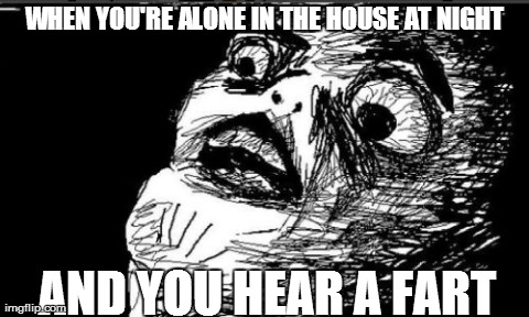 Do I laugh or cry, or both? | WHEN YOU'RE ALONE IN THE HOUSE AT NIGHT AND YOU HEAR A FART | image tagged in memes,gasp rage face | made w/ Imgflip meme maker