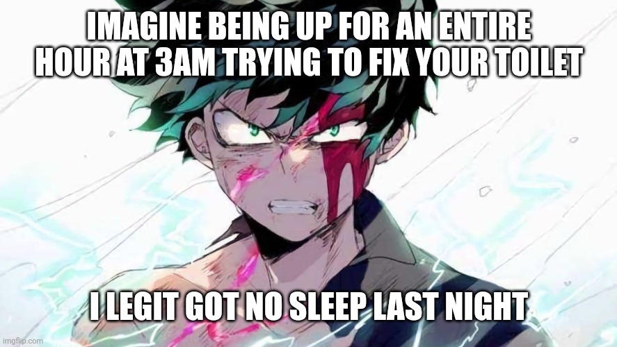 Water was leaking all over the floor | IMAGINE BEING UP FOR AN ENTIRE HOUR AT 3AM TRYING TO FIX YOUR TOILET; I LEGIT GOT NO SLEEP LAST NIGHT | image tagged in deku beaten up | made w/ Imgflip meme maker