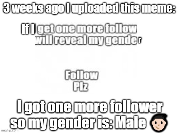 My gender Reveal | 3 weeks ago I uploaded this meme:; If I; r; I got one more follower so my gender is: Male 👦🏻 | image tagged in boy | made w/ Imgflip meme maker