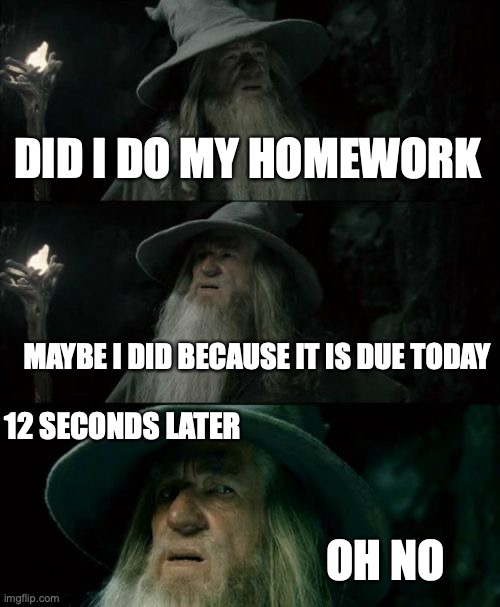 When your remember you didn't do your work for School | DID I DO MY HOMEWORK; MAYBE I DID BECAUSE IT IS DUE TODAY; 12 SECONDS LATER; OH NO | image tagged in memes,confused gandalf | made w/ Imgflip meme maker