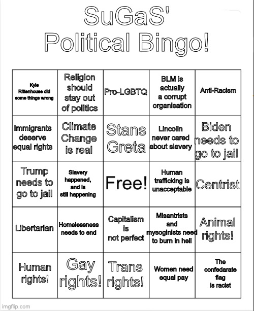 Blank Bingo | SuGaS' Political Bingo! Pro-LGBTQ; Religion should stay out of politics; Anti-Racism; Kyle Rittenhouse did some things wrong; BLM is actually a corrupt organisation; Stans Greta; Immigrants deserve equal rights; Biden needs to go to jail; Lincolin never cared about slavery; Climate Change is real; Human trafficking is unacceptable; Trump needs to go to jail; Centrist; Slavery happened, and is still happening; Misantrists and mysoginists need to burn in hell; Libertarian; Homelessness needs to end; Animal rights! Capitalism is not perfect; Gay rights! The confedarate flag is racist; Human rights! Trans rights! Women need equal pay | image tagged in blank bingo | made w/ Imgflip meme maker