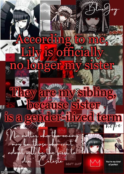 also gm | According to me, Lily is officially no longer my sister; They are my sibling, because sister is a gender-ilized term | image tagged in jaiden celeste temp | made w/ Imgflip meme maker