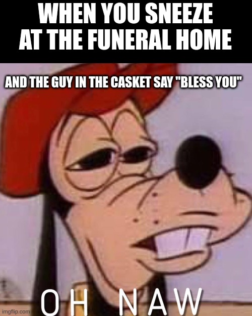 ACCHHOOOOO | WHEN YOU SNEEZE AT THE FUNERAL HOME; AND THE GUY IN THE CASKET SAY "BLESS YOU" | image tagged in oh naw | made w/ Imgflip meme maker