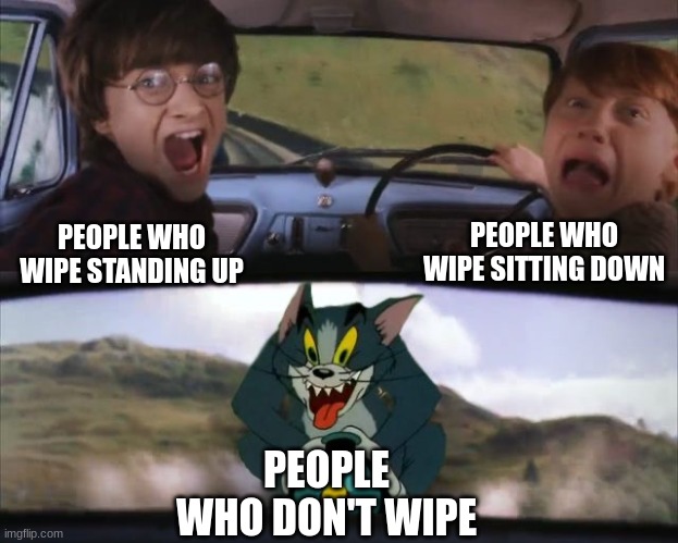 Tom chasing Harry and Ron Weasly | PEOPLE WHO WIPE SITTING DOWN; PEOPLE WHO WIPE STANDING UP; PEOPLE WHO DON'T WIPE | image tagged in tom chasing harry and ron weasly | made w/ Imgflip meme maker