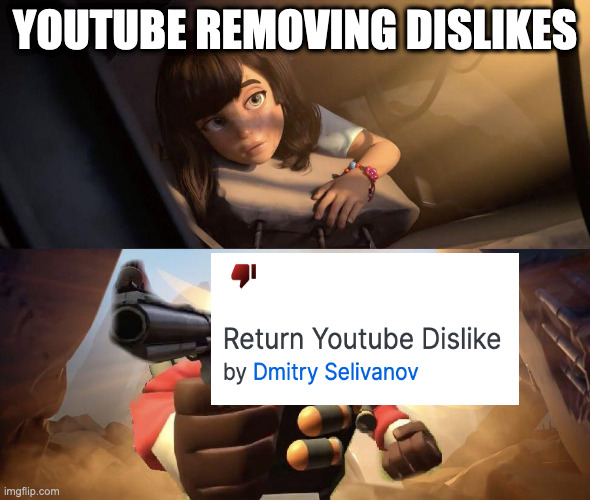 the add on works | YOUTUBE REMOVING DISLIKES | image tagged in demoman aiming gun at girl | made w/ Imgflip meme maker