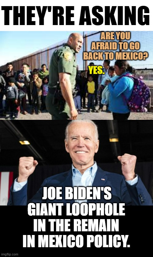 They're Not Asking Do You Have Covid Or Are You Vaccinated | THEY'RE ASKING; ARE YOU AFRAID TO GO BACK TO MEXICO? YES. JOE BIDEN'S; GIANT LOOPHOLE IN THE REMAIN IN MEXICO POLICY. | image tagged in memes,politics,joe biden,loop,hole,remain in mexico | made w/ Imgflip meme maker