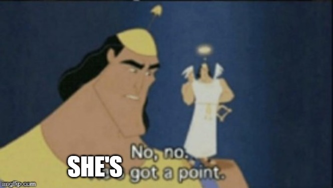 no no hes got a point | SHE'S | image tagged in no no hes got a point | made w/ Imgflip meme maker