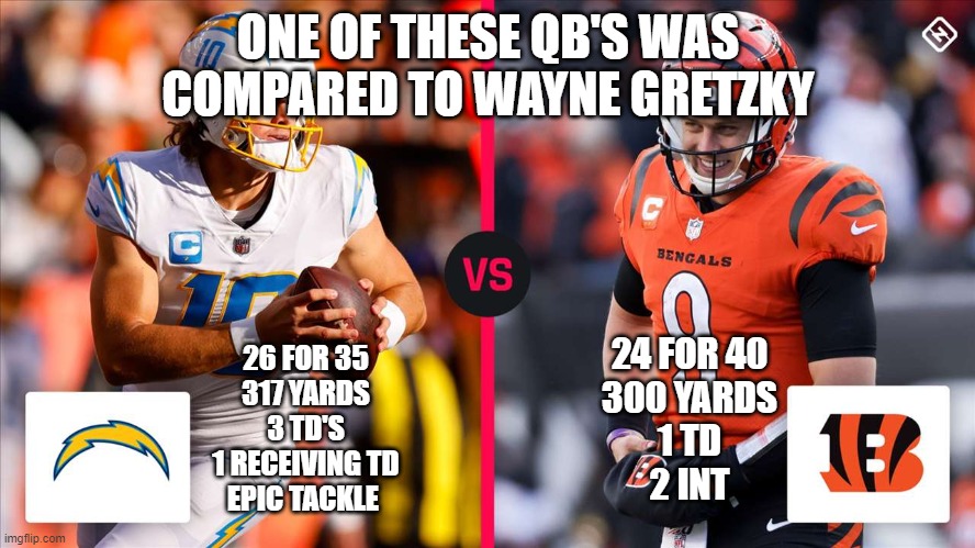 ONE OF THESE QB'S WAS COMPARED TO WAYNE GRETZKY; 24 FOR 40
300 YARDS
1 TD
2 INT; 26 FOR 35
317 YARDS
3 TD'S
1 RECEIVING TD
EPIC TACKLE | image tagged in Chargers | made w/ Imgflip meme maker