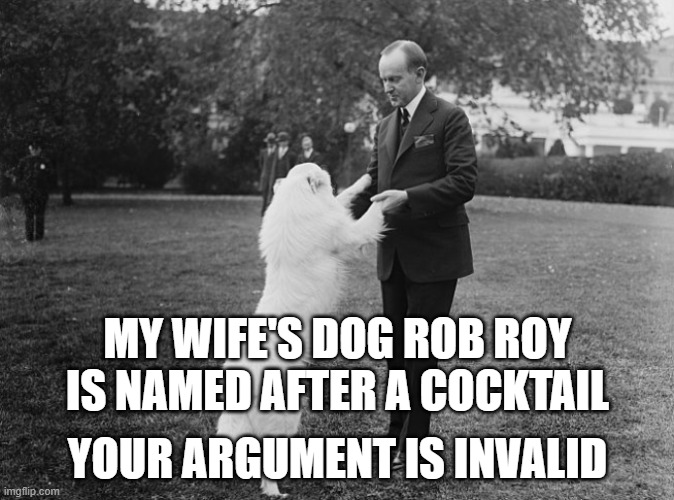 Rob Roy the collie and President Calvin meme | MY WIFE'S DOG ROB ROY IS NAMED AFTER A COCKTAIL; YOUR ARGUMENT IS INVALID | image tagged in historical meme,meme,memes,dog,calvin coolidge,your argument is invalid | made w/ Imgflip meme maker