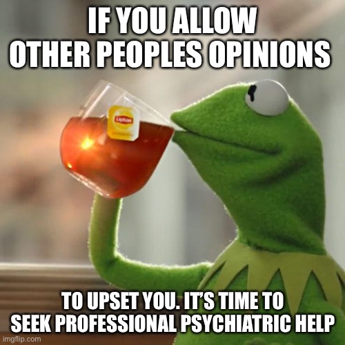 But That's None Of My Business Meme | IF YOU ALLOW OTHER PEOPLES OPINIONS TO UPSET YOU. IT’S TIME TO SEEK PROFESSIONAL PSYCHIATRIC HELP | image tagged in memes,but that's none of my business,kermit the frog | made w/ Imgflip meme maker