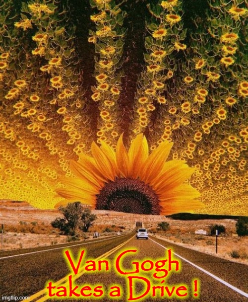 Sunflowers and Petrol | Van Gogh takes a Drive ! | image tagged in van gogh | made w/ Imgflip meme maker