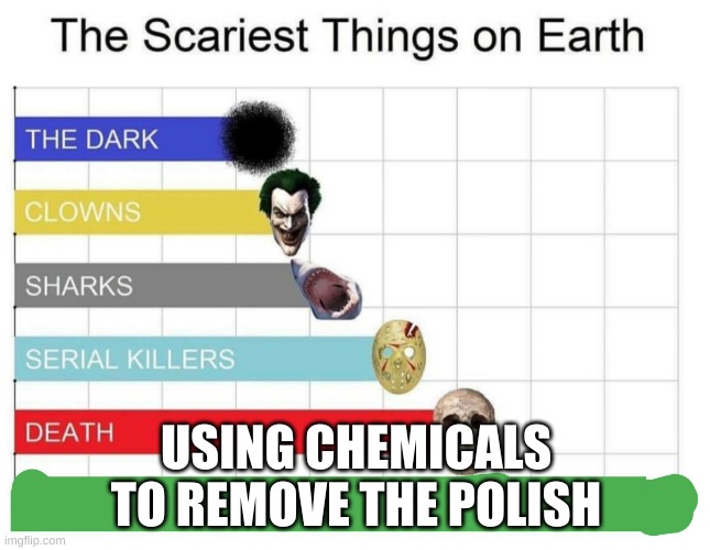 scariest things on earth | USING CHEMICALS TO REMOVE THE POLISH | image tagged in scariest things on earth | made w/ Imgflip meme maker