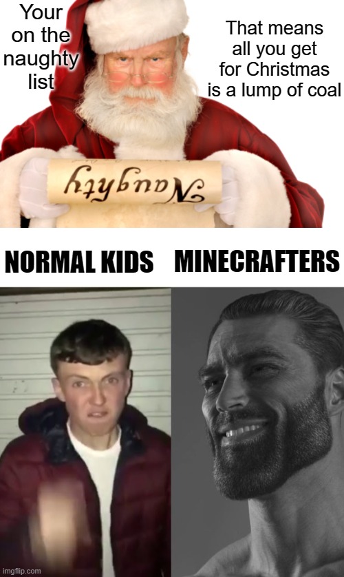 I'ma be the naughtiest person alive! | Your on the naughty list; That means all you get for Christmas is a lump of coal; NORMAL KIDS; MINECRAFTERS | image tagged in santa naughty list,average fan vs average enjoyer | made w/ Imgflip meme maker