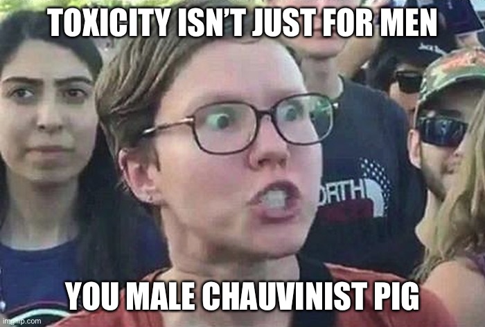 Triggered Liberal | TOXICITY ISN’T JUST FOR MEN YOU MALE CHAUVINIST PIG | image tagged in triggered liberal | made w/ Imgflip meme maker