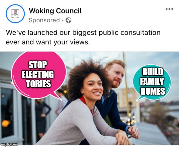 Woking Council Consultation | STOP 
ELECTING 
TORIES; BUILD
FAMILY 
HOMES | image tagged in woking council,consultation | made w/ Imgflip meme maker