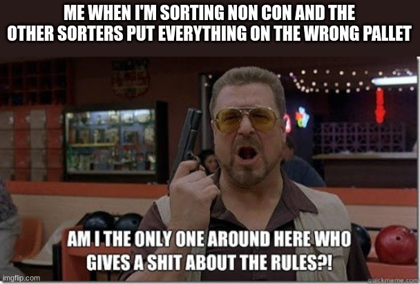 work meme | ME WHEN I'M SORTING NON CON AND THE OTHER SORTERS PUT EVERYTHING ON THE WRONG PALLET | image tagged in work meme,big lebowski | made w/ Imgflip meme maker
