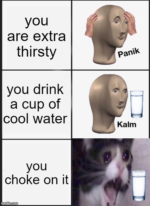 cough | you are extra thirsty; you drink a cup of cool water; you choke on it | image tagged in memes,panik kalm panik | made w/ Imgflip meme maker