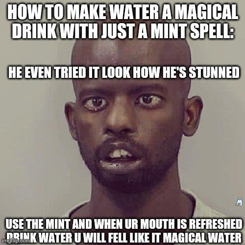 Stunned black guy |  HOW TO MAKE WATER A MAGICAL DRINK WITH JUST A MINT SPELL:; HE EVEN TRIED IT LOOK HOW HE'S STUNNED; USE THE MINT AND WHEN UR MOUTH IS REFRESHED DRINK WATER U WILL FELL LIKE IT MAGICAL WATER | image tagged in stunned black guy,black guy,holy water,magical,trick | made w/ Imgflip meme maker