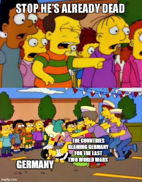 Stop He's Already Dead | THE COUNTRIES BLAMING GERMANY FOR THE LAST TWO WORLD WARS; GERMANY | image tagged in stop he's already dead | made w/ Imgflip meme maker