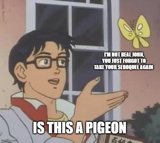 J O H N? | I'M NOT REAL JOHN, YOU JUST FORGOT TO TAKE YOUR SEROQUEL AGAIN; IS THIS A PIGEON | image tagged in memes,is this a pigeon | made w/ Imgflip meme maker