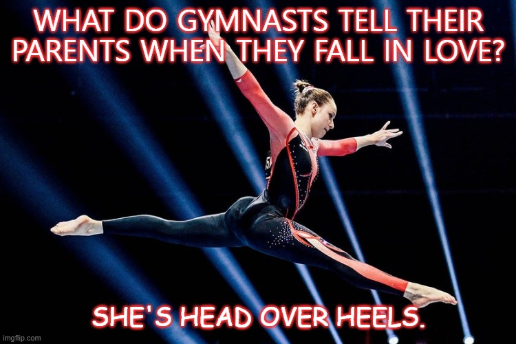 Daily Bad Dad Joke Dec 6 2021 | WHAT DO GYMNASTS TELL THEIR PARENTS WHEN THEY FALL IN LOVE? SHE'S HEAD OVER HEELS. | image tagged in unitard | made w/ Imgflip meme maker
