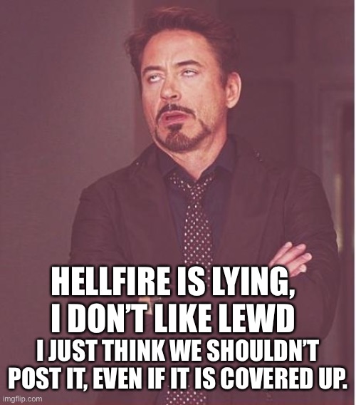 Stop lying, Hellfire! | HELLFIRE IS LYING, I DON’T LIKE LEWD; I JUST THINK WE SHOULDN’T POST IT, EVEN IF IT IS COVERED UP. | image tagged in memes,face you make robert downey jr | made w/ Imgflip meme maker